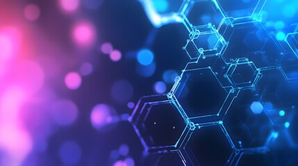Wall Mural - abstract hexagon pattern with blue glowing lines and blurred pink background