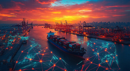 Network digital world map bustling container port with digital connections representing global transportation and shipment networks