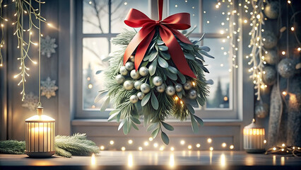 Close-up of mistletoe tied with a red ribbon, hanging from a wooden beam in a cozy living room, soft focus background with glowing Christmas lights and decorations