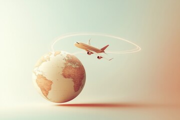 Poster - An airplane flies around a globe, leaving a curved trail that signifies international travel and the excitement of exploration. Generative AI
