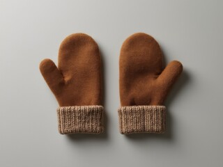 Soft brown wool mittens with ribbed knit cuffs, cozy winter merino gloves isolated on a neutral gray background, warm winter accessories