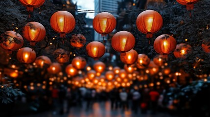 A beautiful scene of glowing red Chinese lanterns hanging above a busy market at night, creating a festive and warm ambiance with soft lighting illuminating the surroundings