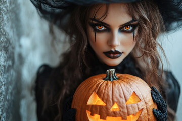Wall Mural - mysterious person holding glowing pumpkin halloween night design generative ai