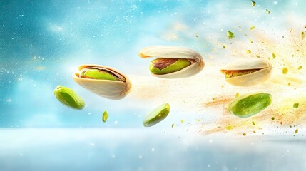 Pistachios flying with colorful background