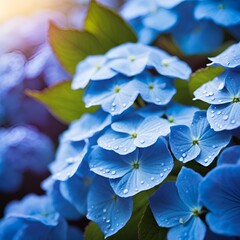 Close-up of blue hydrangea flowers with rich colors in high definition photography
