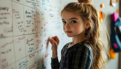 Sticker - A young girl is looking at a white board with a lot of writing on it