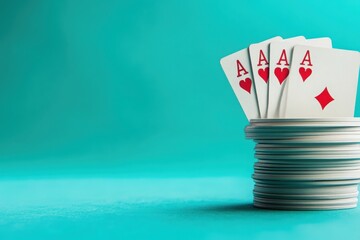 Several playing cards are balanced in a pyramid formation on a clean, solid surface. The vibrant backdrop enhances the visual impact, showcasing creativity and precision in card stacking.