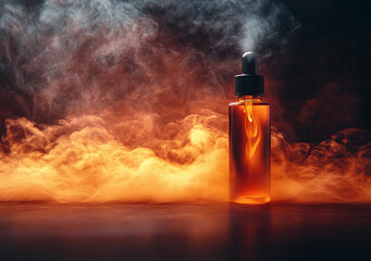 Trendy artistic image of vape liquid bottle with swirling smoke, perfect for themes of modern vaping culture and lifestyle