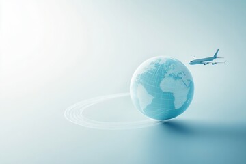 Poster - An airplane creates a trail as it circles a minimalist globe, capturing the essence of global travel and exploration for adventurers. Generative AI