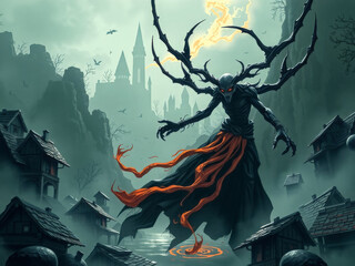 Poster - A large, demonic creature with red robes and horns stands in front of a village. The creature is surrounded by a red ribbon, and there are several birds flying in the background