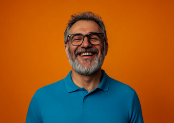 A happy man with glasses and a beard, wearing a blue polo shirt, isolated on an orange background.