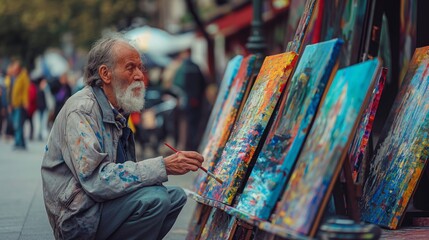 Urban street art: homeless artist displaying vibrant paintings on sidewalk