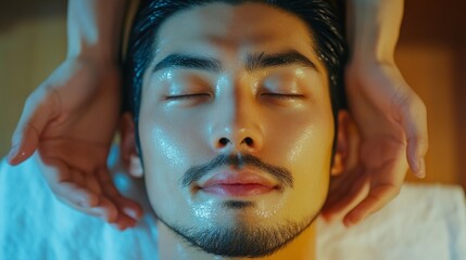 Asian man on spa procedure. Asian man in spa salon. Asian self-care. Cosmetology.