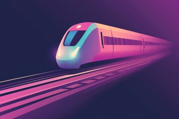 Poster - A sleek train icon glides effortlessly along smooth tracks, creating a sense of motion in a vivid, modern atmosphere as dusk descends. Generative AI