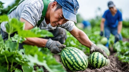 A farmer attentively inspects ripe watermelons in a vibrant green field, showcasing agriculture's dedication to quality and the fruition of hard work and patience.