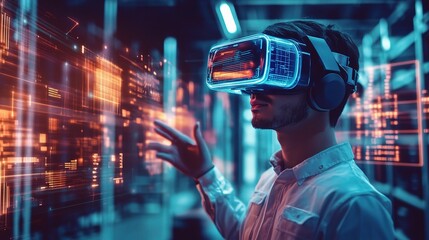 Poster - Futuristic Man in VR Headset Exploring Digital Environment