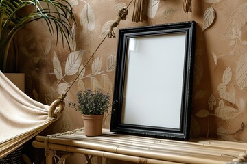 Fototapete - A black frame mockup on a beige bamboo table, tilted. Viewed from side angle, window reflection in frame mockup, blank white mockup, brown wall with beige leaf silhouettes, a potted thyme plant