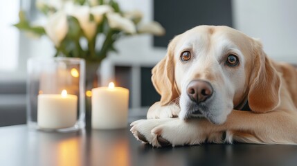 A peaceful dog rests near a pair of glowing candles and elegant calla lilies, creating a warm and cozy ambiance in a stylish and modern interior setting.