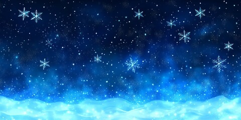 Poster - Sparkling blue snowflakes fall on a snowy landscape.