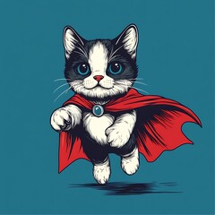  A cute black and white kitten wearing a red cape, flying in the air with a determined look on its face.