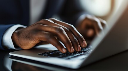 Poster - Typing on laptop, close-up of hands, professional setting, focus on work