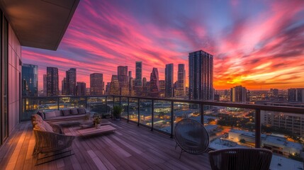 Stunning sunset view from a modern balcony overlooking a city skyline.