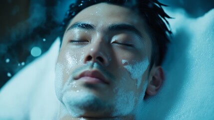 Asian man on spa procedure. Asian man in spa salon. Asian self-care. Cosmetology.