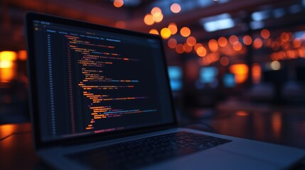Aufkleber - Code displayed on laptop screen, warm bokeh background, programming environment