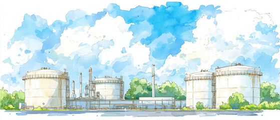 A serene watercolor illustration of industrial tanks and structures under a blue sky with fluffy clouds, depicting an energy facility.