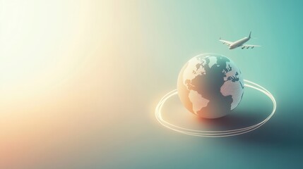 Poster - An airplane departs from a minimalist globe, creating a trail as it represents the excitement of global travel and adventure. Generative AI