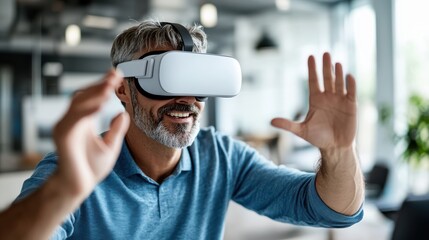 A middle-aged man with gray hair happily explores virtual reality using a VR headset, fully immersed and engaged in a modern indoor environment.