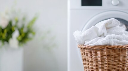 Wall Mural - A wicker basket filled with fresh white towels sits beside a modern washing machine, indicating laundry day in a clean, bright home setting.