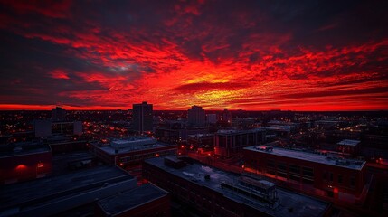 A dramatic sunset over a city skyline, showcasing vibrant colors and urban lights.