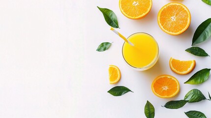 Canvas Print - Fresh Orange Juice with Slices and Green Leaves