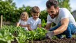 © Pinklife - A father gardening with his young son and daughter in a lush green garden, reflecting moments of learning, care, and nurturing family bonds during a sunny day.