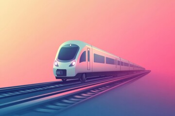 Poster - A sleek train icon moves effortlessly along polished rails under a colorful sunset sky. Generative AI