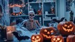 © siripimon2525 - Spooky Skeleton in Halloween Decorated Office