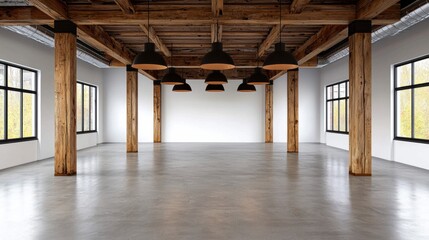 Spacious modern interior featuring wooden beams and large windows, perfect for creative office spaces or art studios.