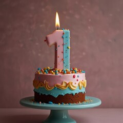 A small pink and blue birthday cake with a lit candle in the shape of the number one, decorated with sprinkles on a blue cake stand against a pink background.