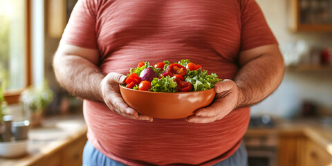 Healthy Eating Habits: Overweight Man Holding a Bowl of Fresh Salad