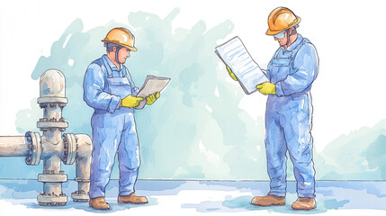 two construction workers in safety gear reviewing documents, with a pipe structure in the background