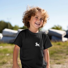 Poster - Happy blond boy in black t-shirt in park