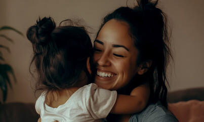 A happy mother is being held by her daughter, and they both seem to be having fun.