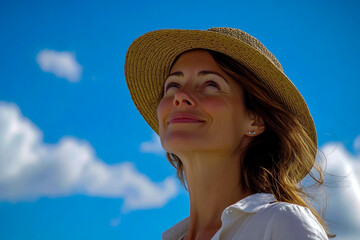 A happy woman at the beach, wearing a hat and white shirt, enjoying the sun against a blue sky.