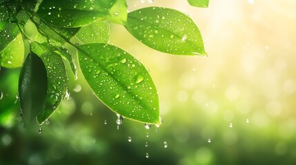 Vibrant green leaves embellished with sparkling water droplets, a closeup view of nature's beauty