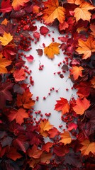 Wall Mural - Vertical autumn frame background with free place for text, maple leaves decorate a beautiful nature thanksgiving, scenery yellow red seasonal colorful mock up, white background