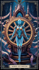 a fortune tarot card depicting the Wheel of Fortune in a blend of android and medieval gothic style