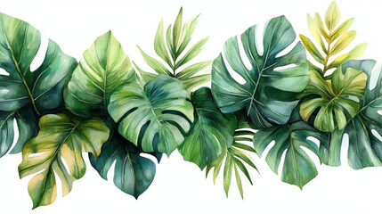 Watercolor Leaves Pattern of a Palm Tree Branch by the Sea