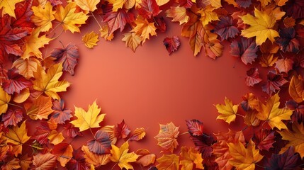 Autumn frame background with free place for text, maple leaves decorate a beautiful nature thanksgiving, scenery yellow red seasonal colorful mock up, orange background