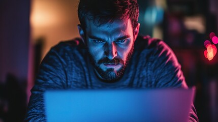 Poster - Focused Man Working Late on Laptop in Dim Light